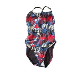 Speedo Pro LT One Piece Swimsuit Size 34 Red White Blue Stars Checkered Racing